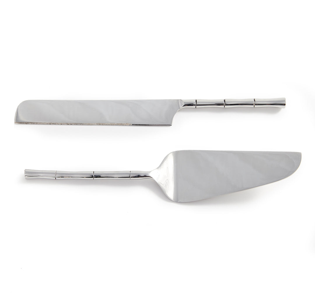Two silver stainless steel dessert servers with segmented handles, including a knife and cake server on white - Transitional