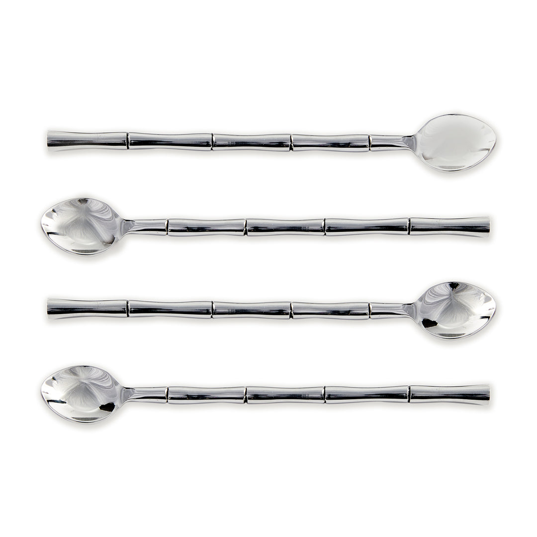 Four silver stainless steel stirring spoons with long segmented handles and small rounded bowls on plain white - Transitional