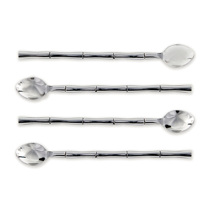 Four silver stainless steel stirring spoons with long segmented handles and small rounded bowls on plain white - Transitional