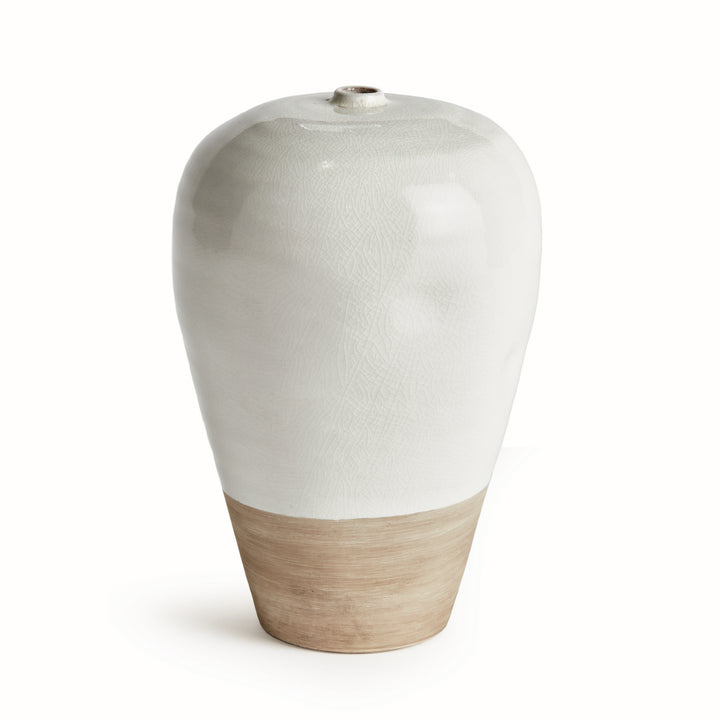 Alba large terracotta vase with curved shoulders, a narrow opening and natural clay base on a pale background. Modern Organic