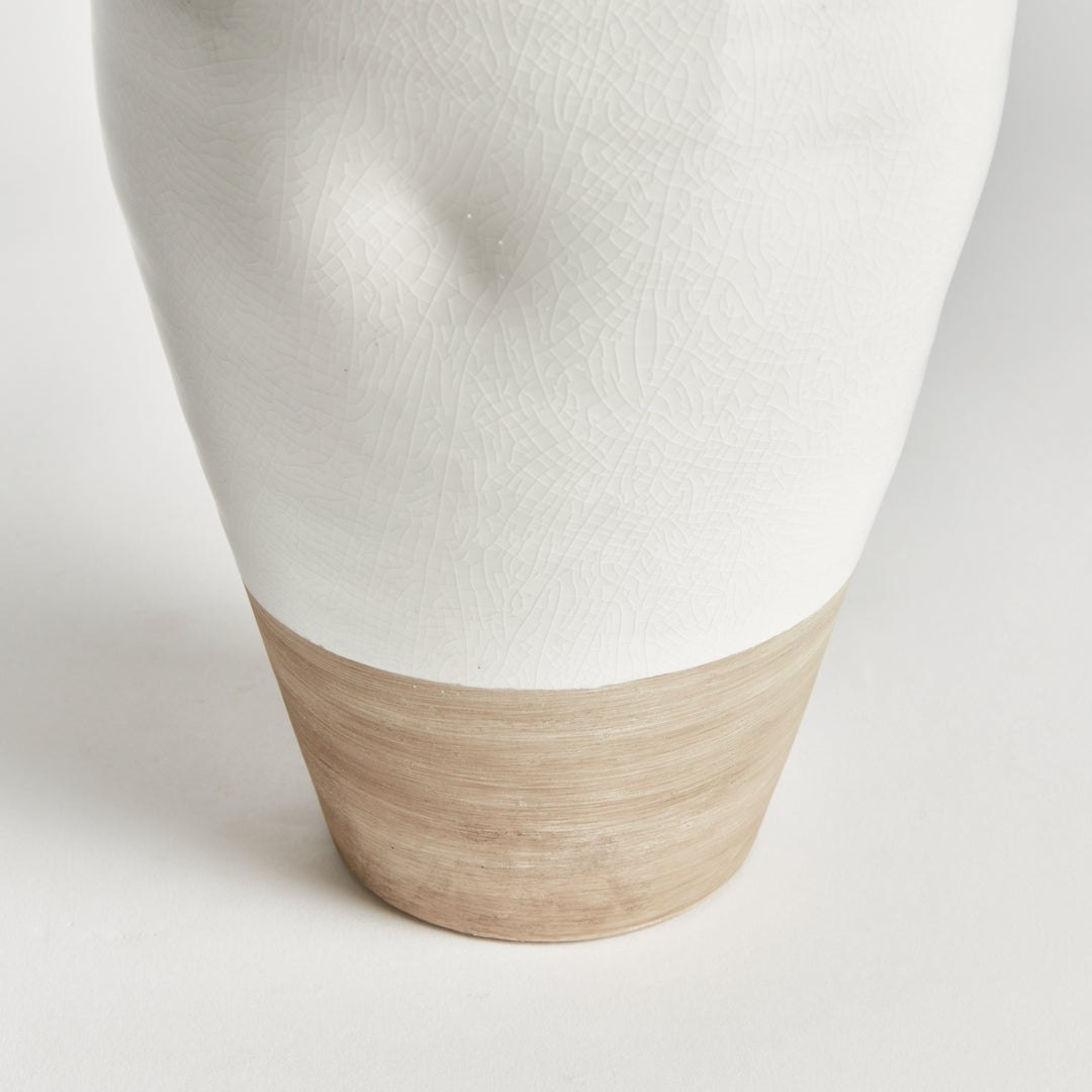 Detail of Alba large terracotta vase showing glossy white glaze texture above the exposed natural clay base. Modern Organic