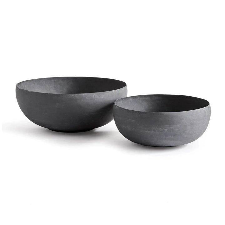 Decorative metal bowls set with aged zinc finish and sculptural organic silhouette for layered tabletop styling – Modern Organic style.