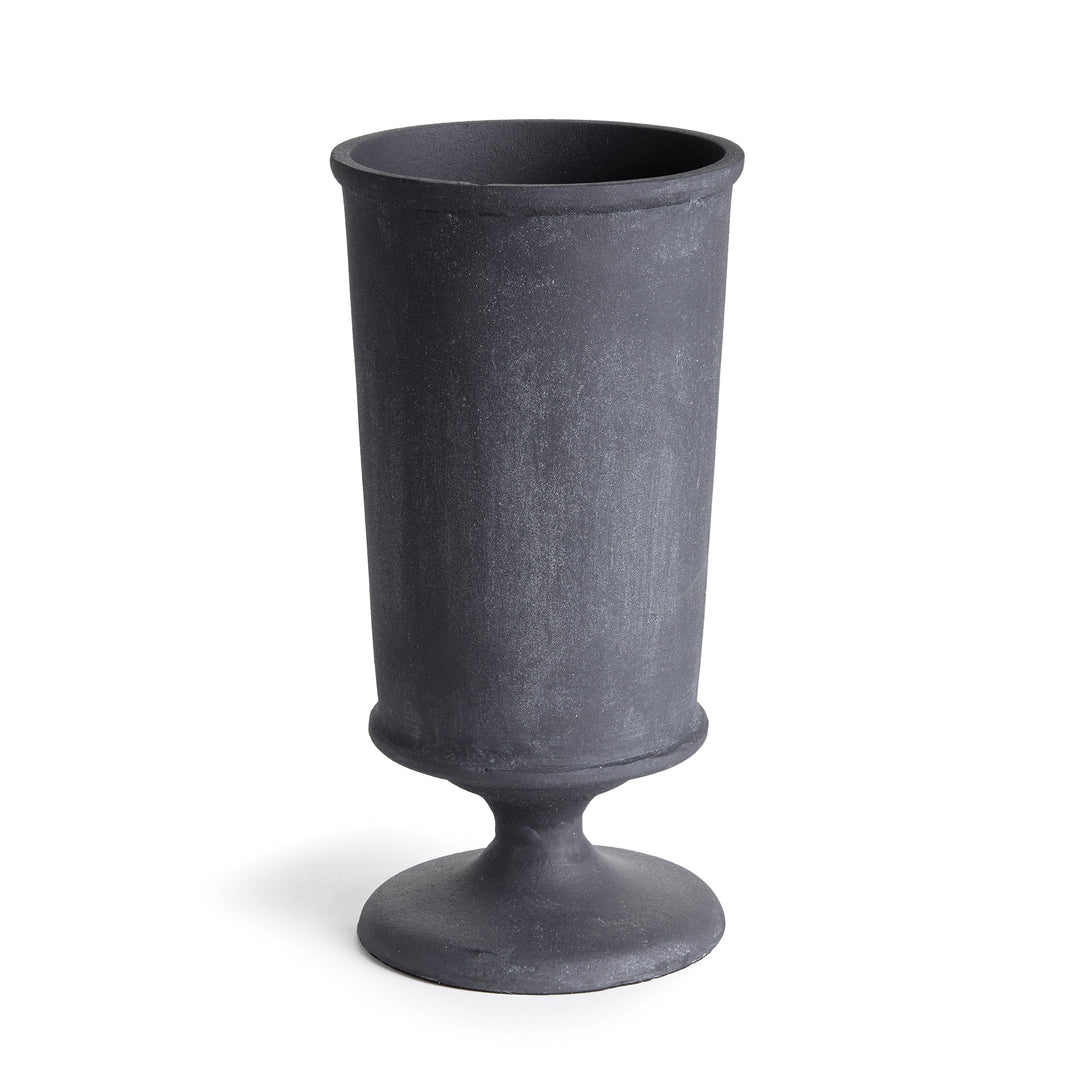 Decorative metal urn vase with aged zinc finish and pedestal silhouette in Alderon collection style
