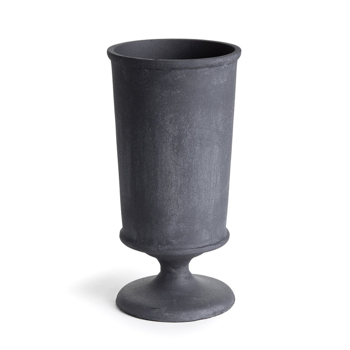 Decorative metal urn vase with aged zinc finish and pedestal silhouette in Alderon collection style