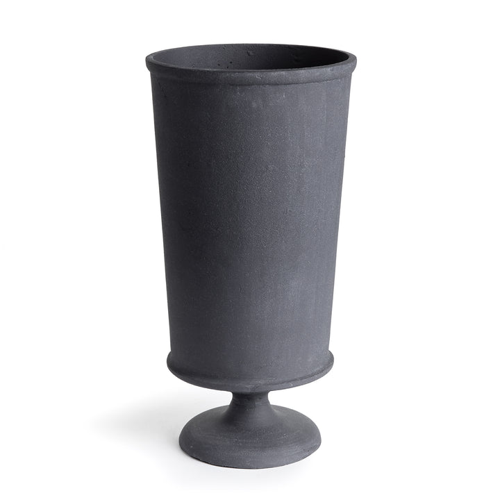 Large decorative metal urn vase with aged zinc finish and sculptural pedestal base in transitional style