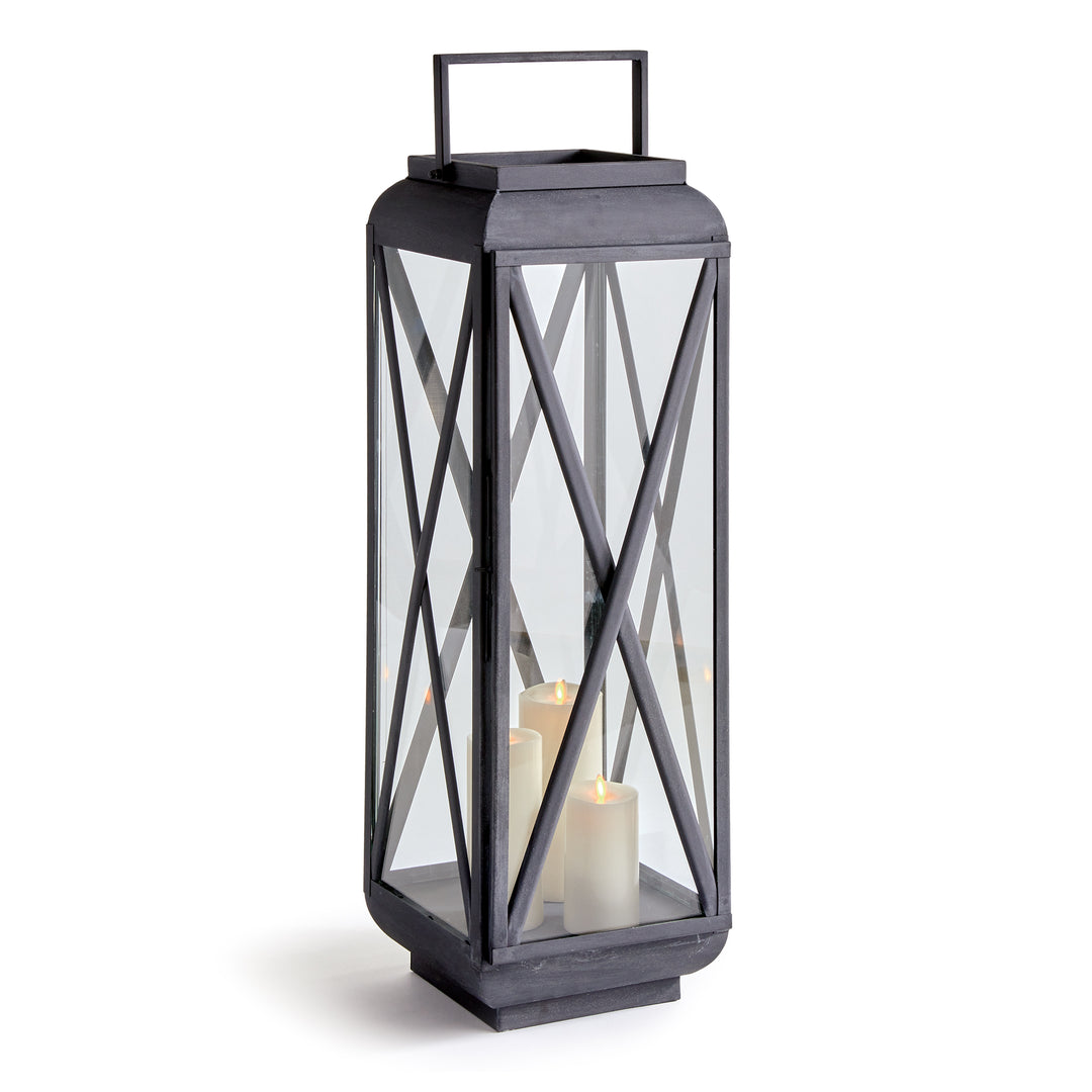 Large outdoor metal lantern with aged zinc finish and glass panels for oversized patio and entryway styling – Modern Farmhouse style.