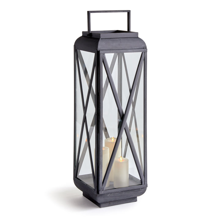 Large outdoor metal lantern with aged zinc finish and glass panels for oversized patio and entryway styling – Modern Farmhouse style.