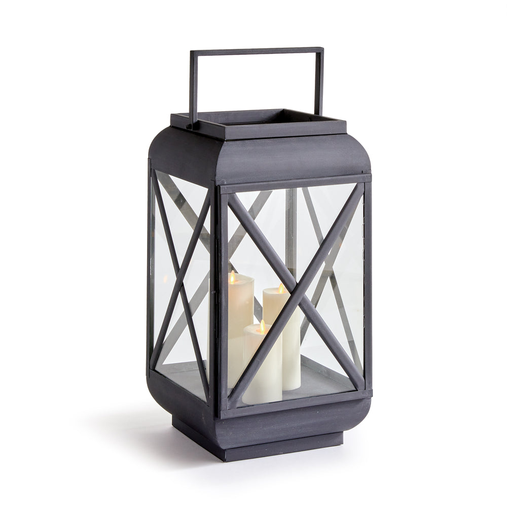 Medium outdoor metal lantern with iron frame, glass panels, and architectural cross-brace detailing – European Garden style.