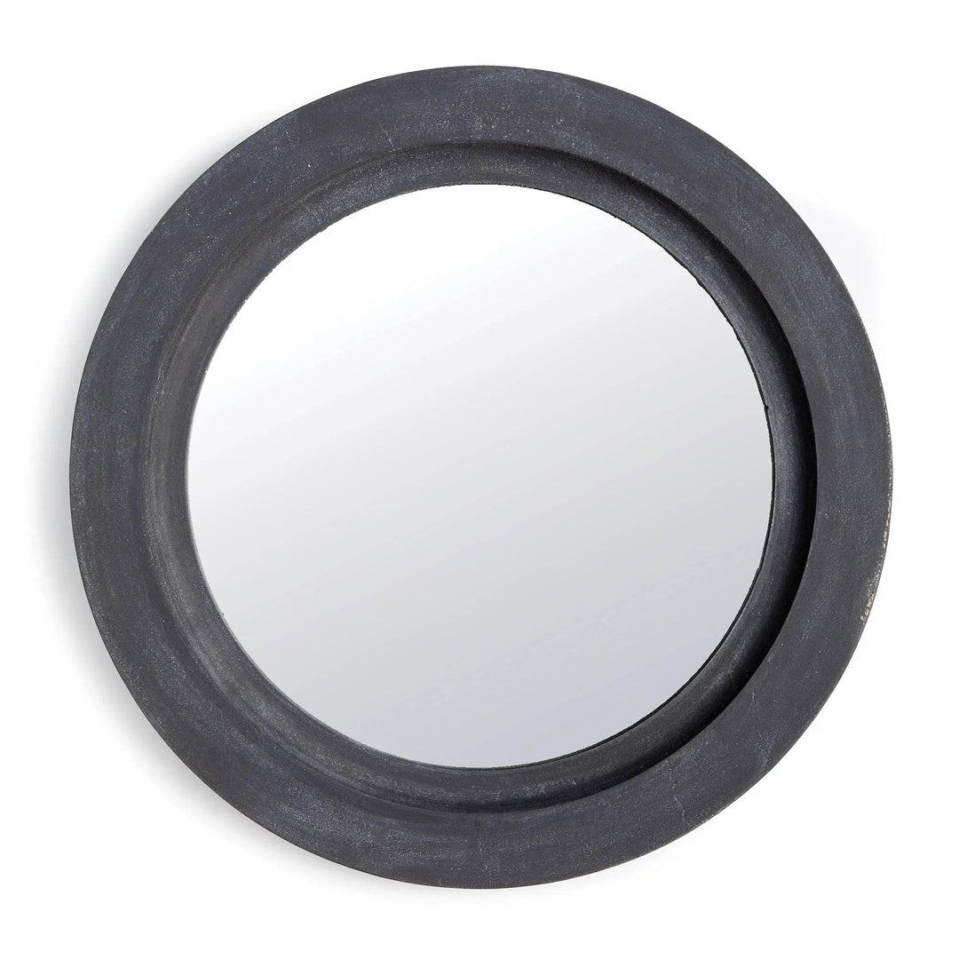 Round metal wall mirror with aged zinc finish and substantial molded frame for entryways and transitional interiors – Transitional style.
