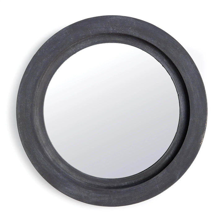 Round metal wall mirror with aged zinc finish and substantial molded frame for entryways and transitional interiors – Transitional style.
