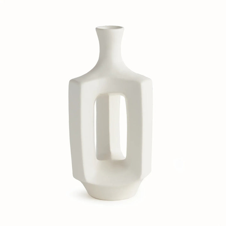 Medium matte white clay vase, front view with a narrow neck above an open rectangular frame and rounded base. Modern Organic
