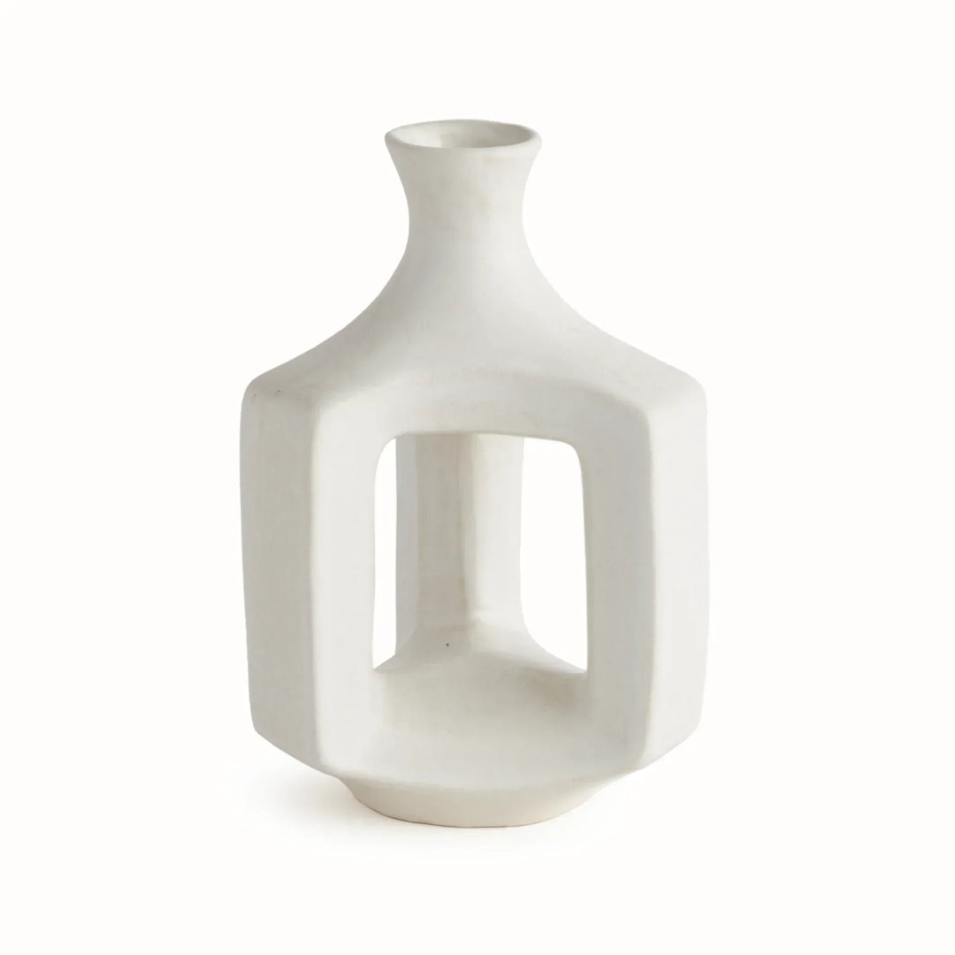 Short matte white clay vase, front view with a narrow neck above an open rectangular frame and rounded base. Modern Organic