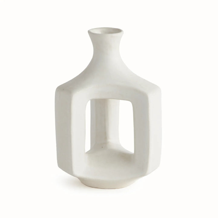 Short matte white clay vase, front view with a narrow neck above an open rectangular frame and rounded base. Modern Organic