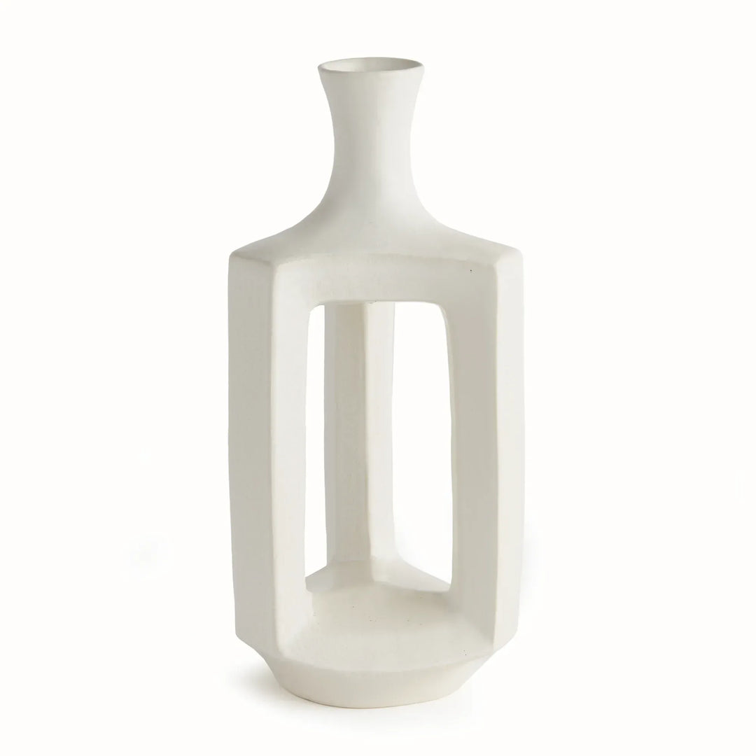 Tall matte white clay vase, front view with a narrow neck above an open rectangular frame and rounded base. Modern Organic