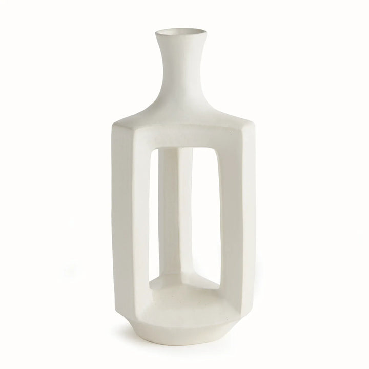 Tall matte white clay vase, front view with a narrow neck above an open rectangular frame and rounded base. Modern Organic