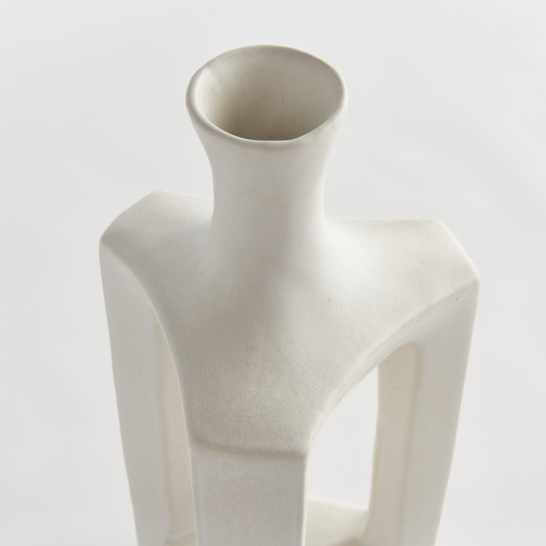 Tall matte white clay vase, close view of the circular mouth, narrow neck and rounded matte white shoulder. Modern Organic