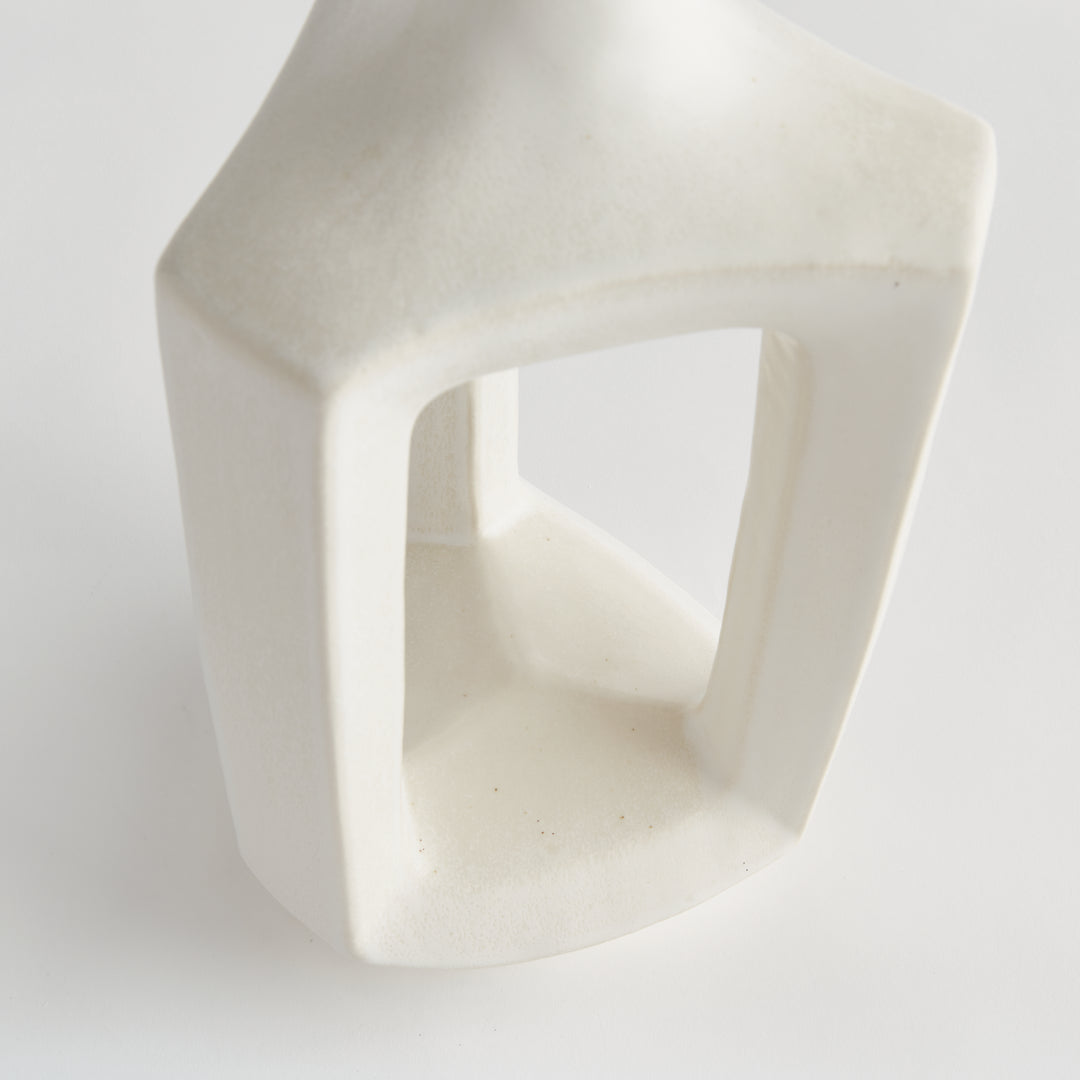 Tall matte white clay vase, detail view showing softly curved edges, white glaze and the open central frame. Modern Organic