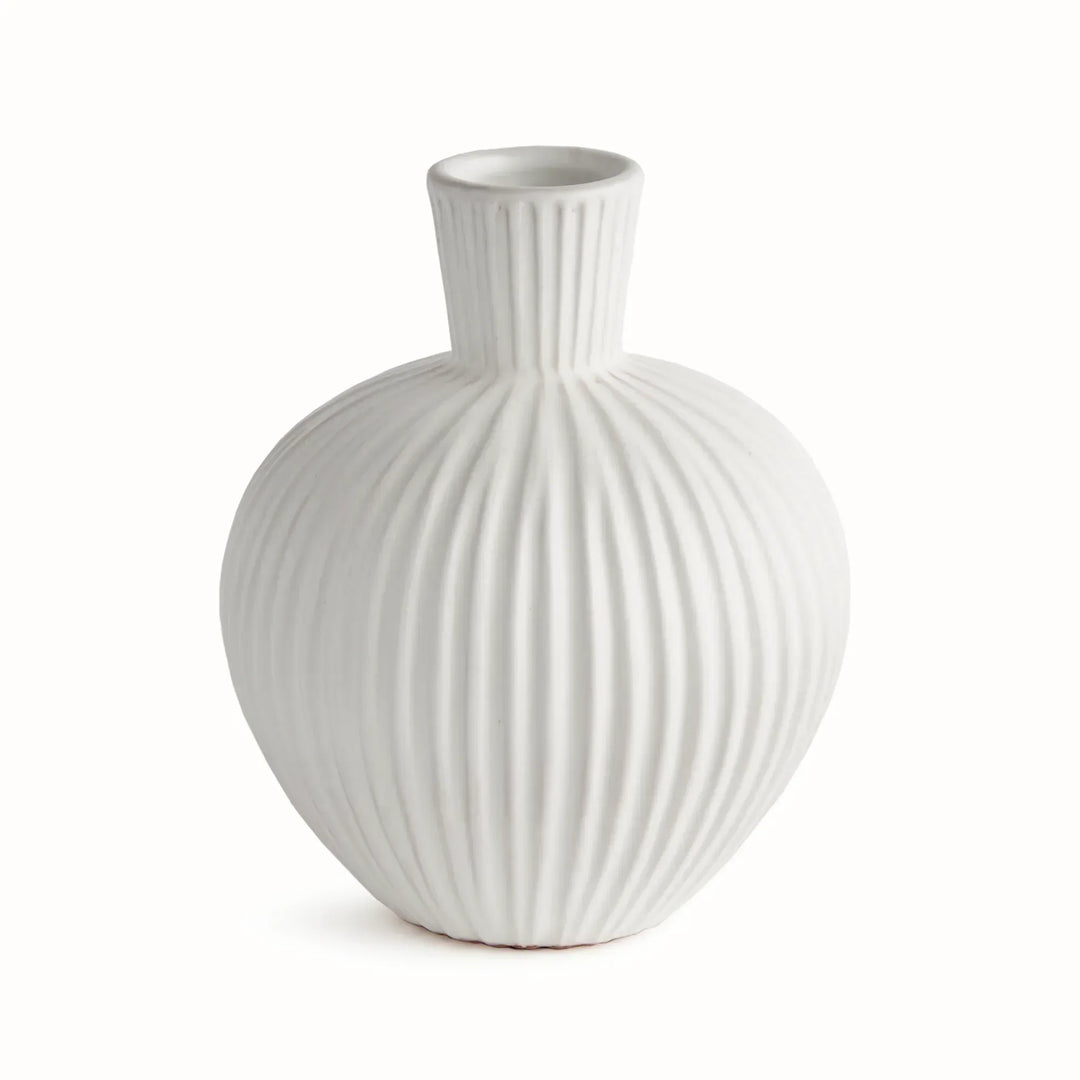 White ribbed terracotta bottle vase with a round body and tall neck, showing vertical relief across the surface. Transitional