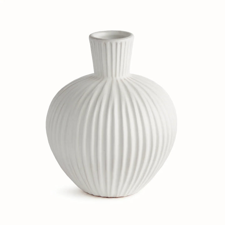 White ribbed terracotta bottle vase with a round body and tall neck, showing vertical relief across the surface. Transitional