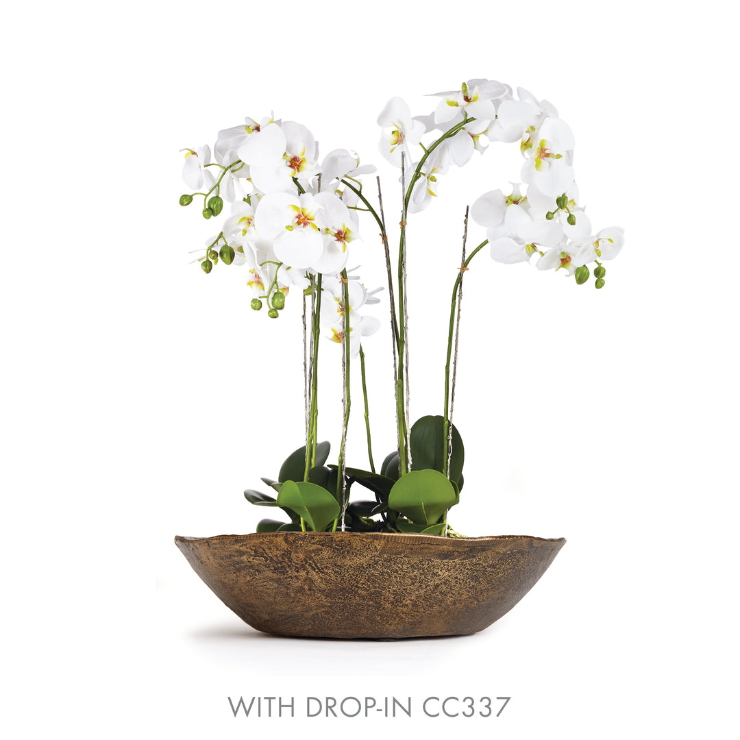 Antique brass decorative bowl shown with a separate white orchid drop-in arrangement against a white backdrop, Modern Organic