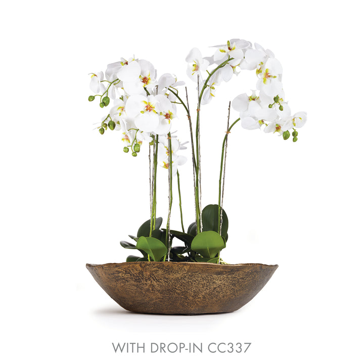 Antique brass decorative bowl shown with a separate white orchid drop-in arrangement against a white backdrop, Modern Organic
