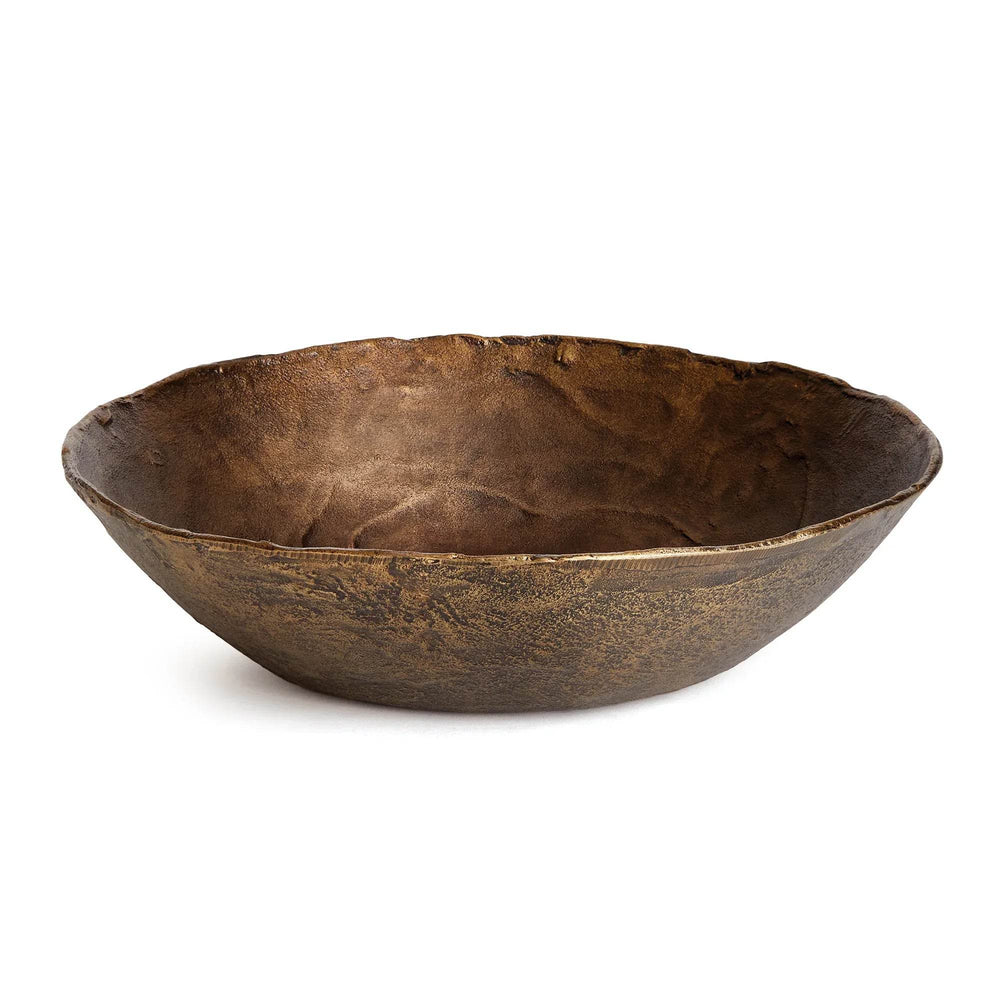 Side profile of shallow antique brass aluminum bowl showing its aged metal finish and organic curved rim, Modern Organic