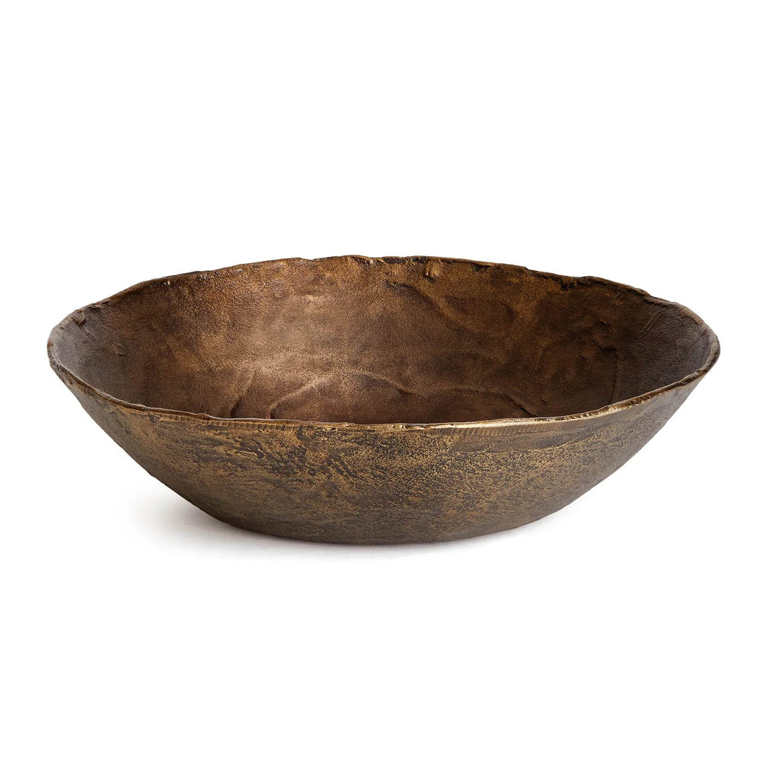 Side profile of shallow antique brass aluminum bowl showing its aged metal finish and organic curved rim, Modern Organic