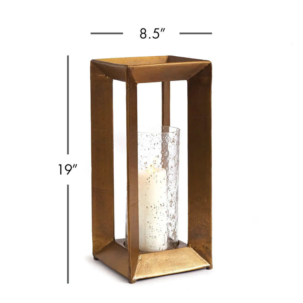 Antique brass glass hurricane candle holder showing metal frame and textured glass insert, decorative accent for tabletops and mantels, Contemporary