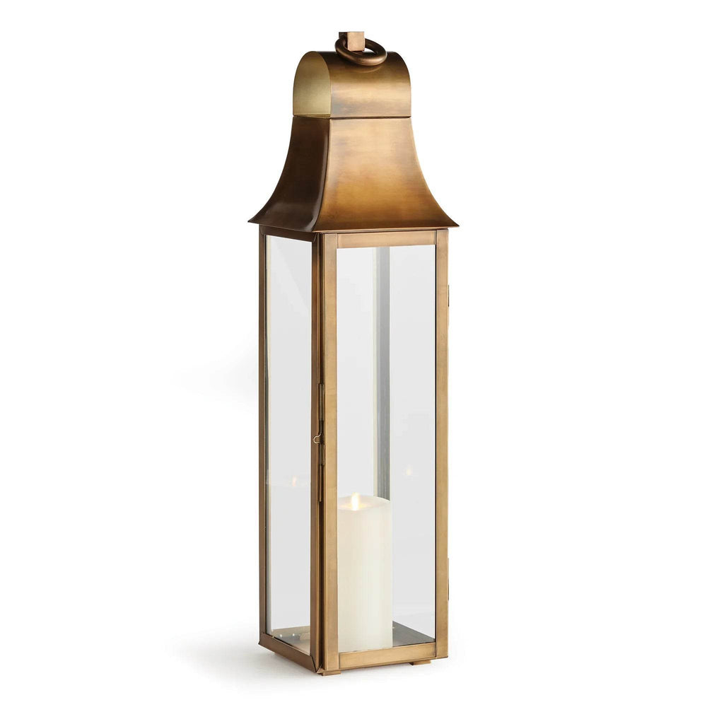 Large 33 inch lantern in antique brass with clear glass panels and LED candle inside, shown on white background – Transitional Classic Lantern