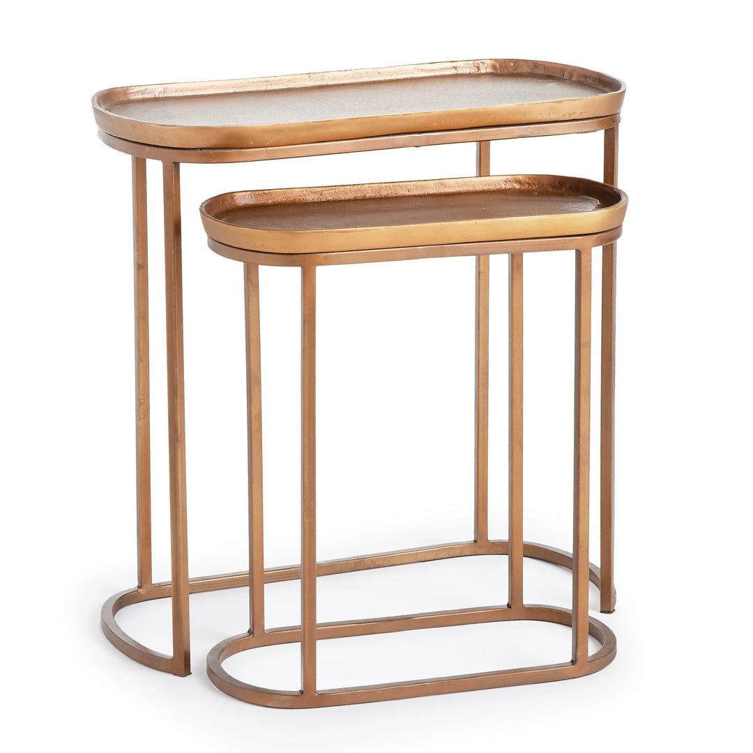 Antique brass metal nesting end tables set of two with tray tops and slim frame, modern space-saving side tables – Modern