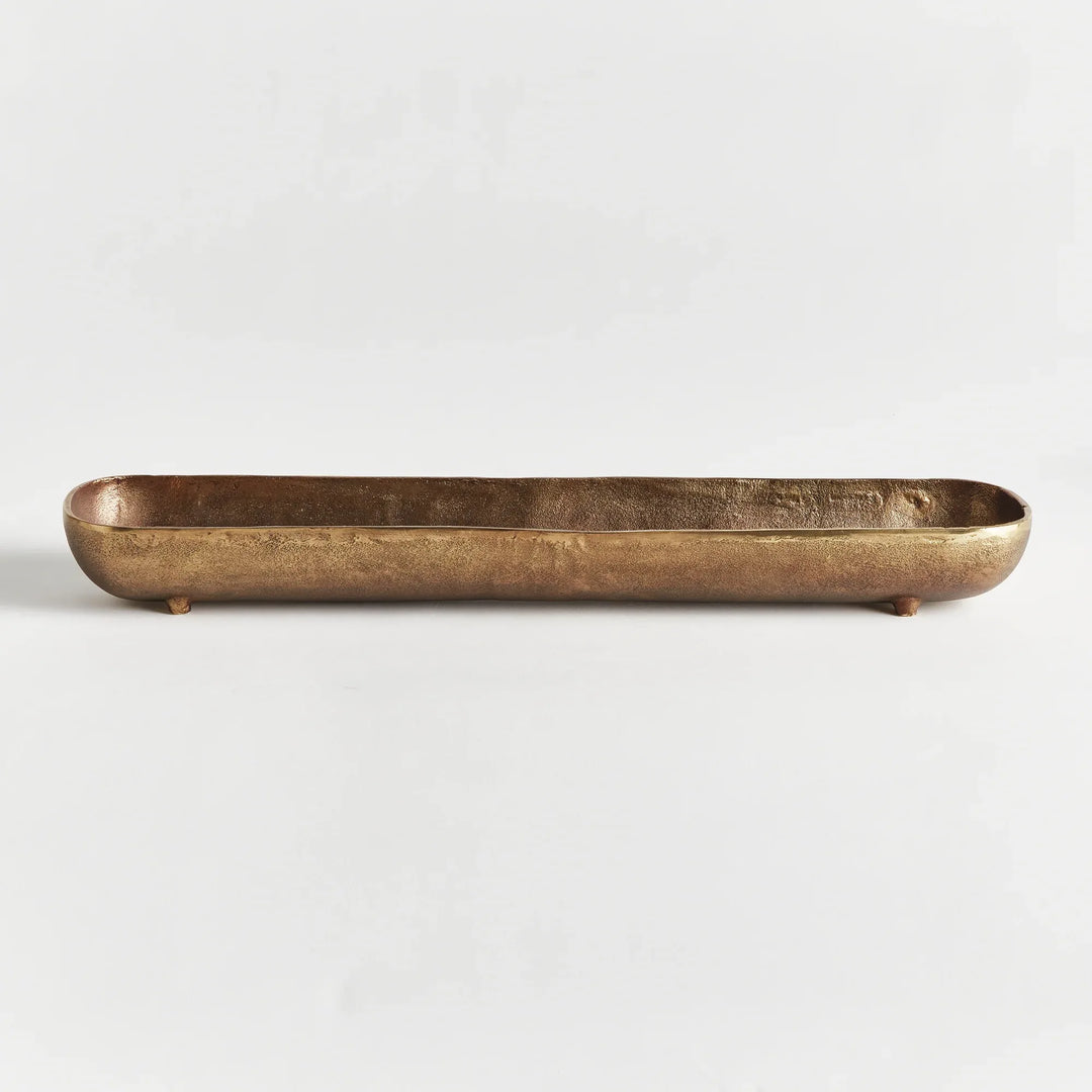 Antique brass narrow decorative bowl with elongated linear profile and textured finish for dining table or console styling modern organic