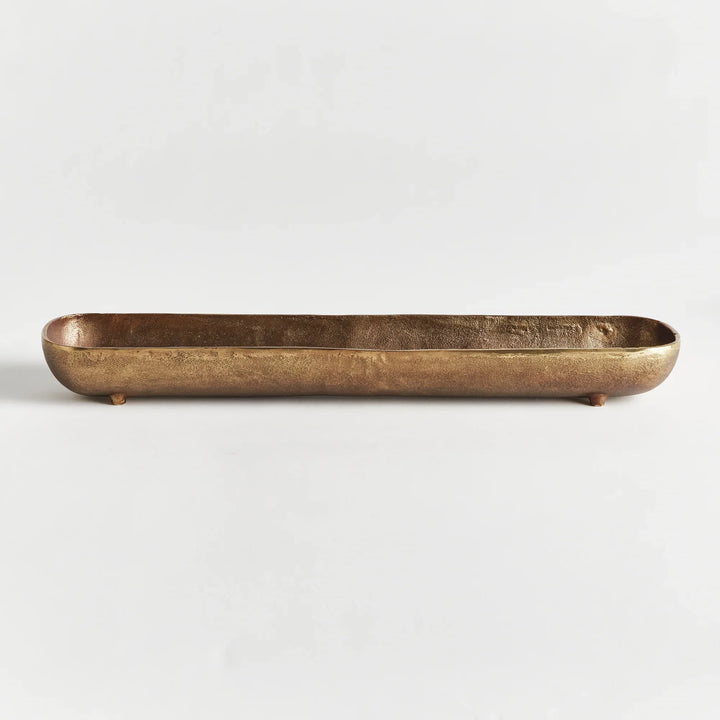 Antique brass narrow decorative bowl with elongated linear profile and textured finish for dining table or console styling modern organic