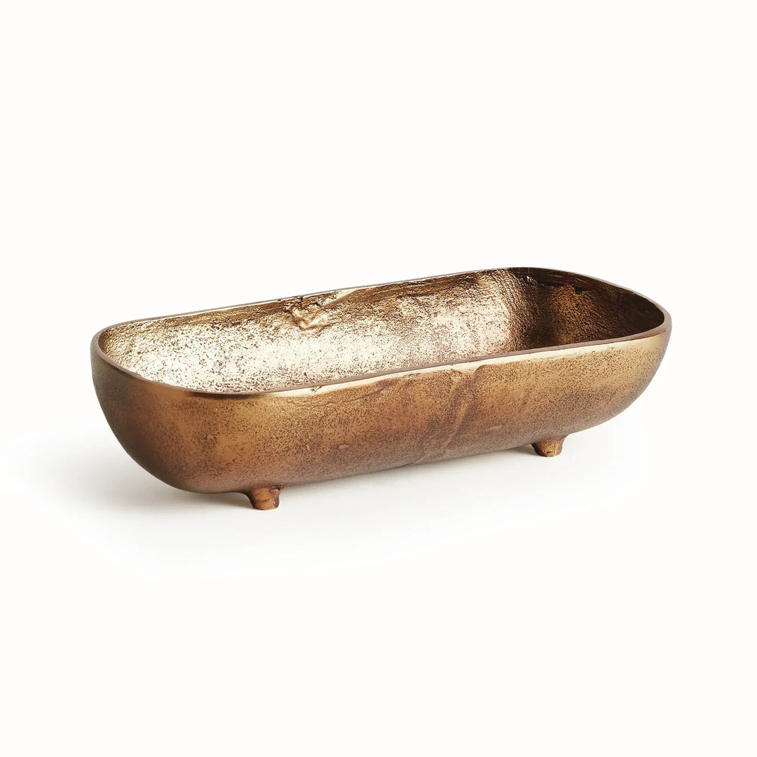 Small antique brass narrow decorative bowl in cast aluminum with sculpted form and textured finish for tabletop styling modern organic