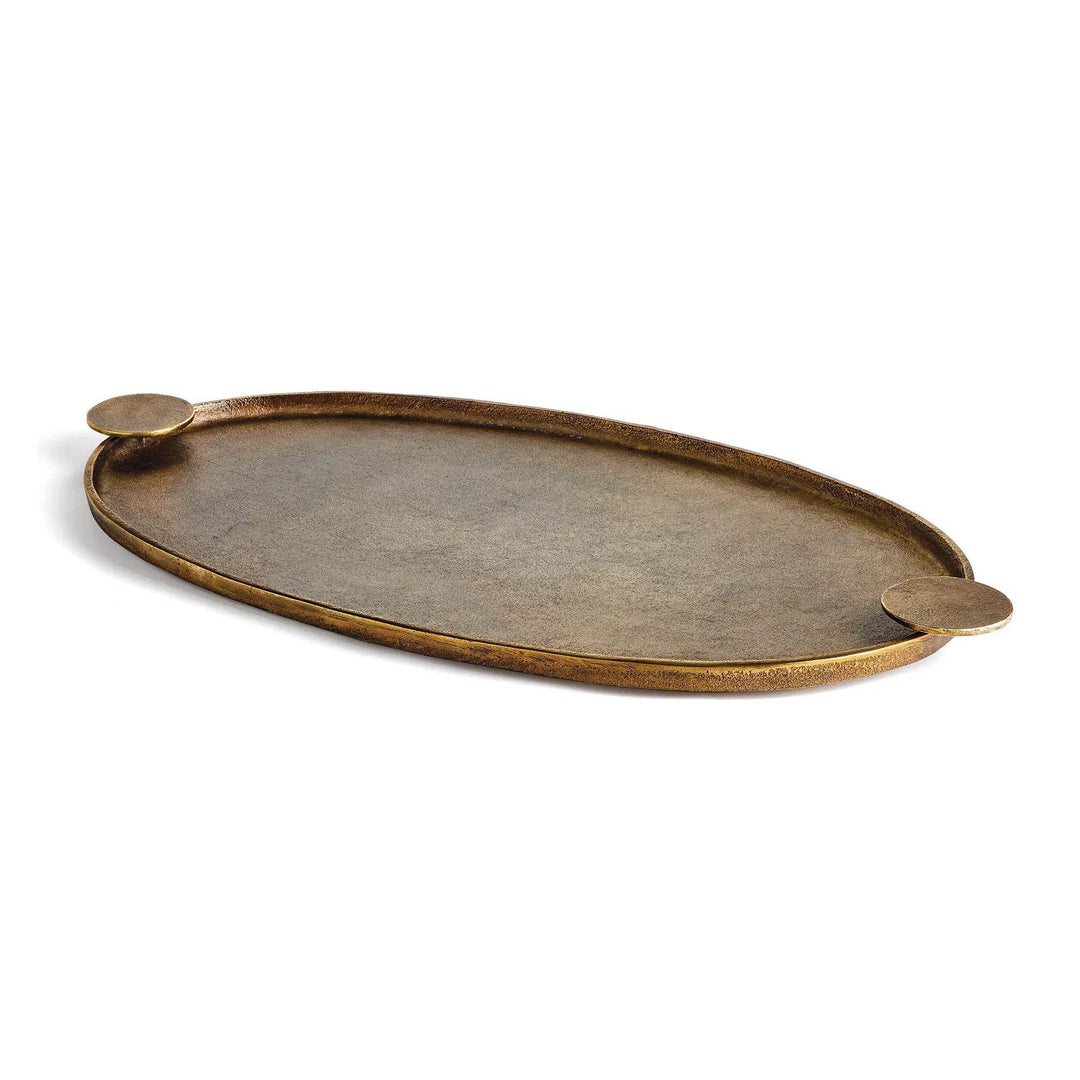 Antique brass oval cast aluminum decorative tray with round handles on white background for tabletop display – Transitional.