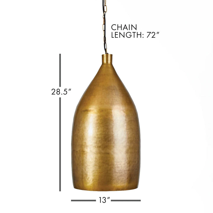 Antique brass pendant light with scale diagram showing 28.5 inch height, 13 inch diameter, and 72 inch adjustable chain – Modern Industrial