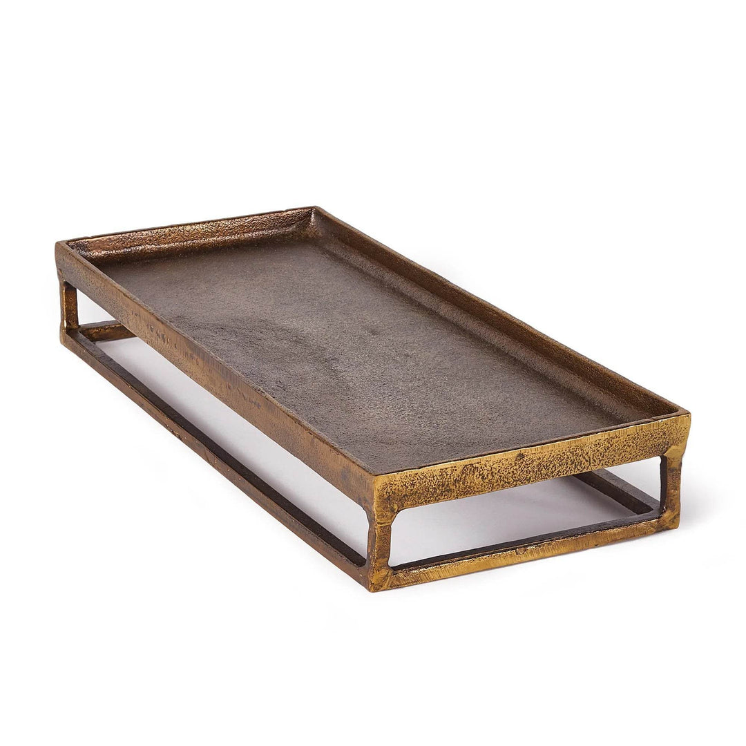 Raised rectangular tray in antique brass finish, shown on white background, 19.75 inches long – Modern Industrial