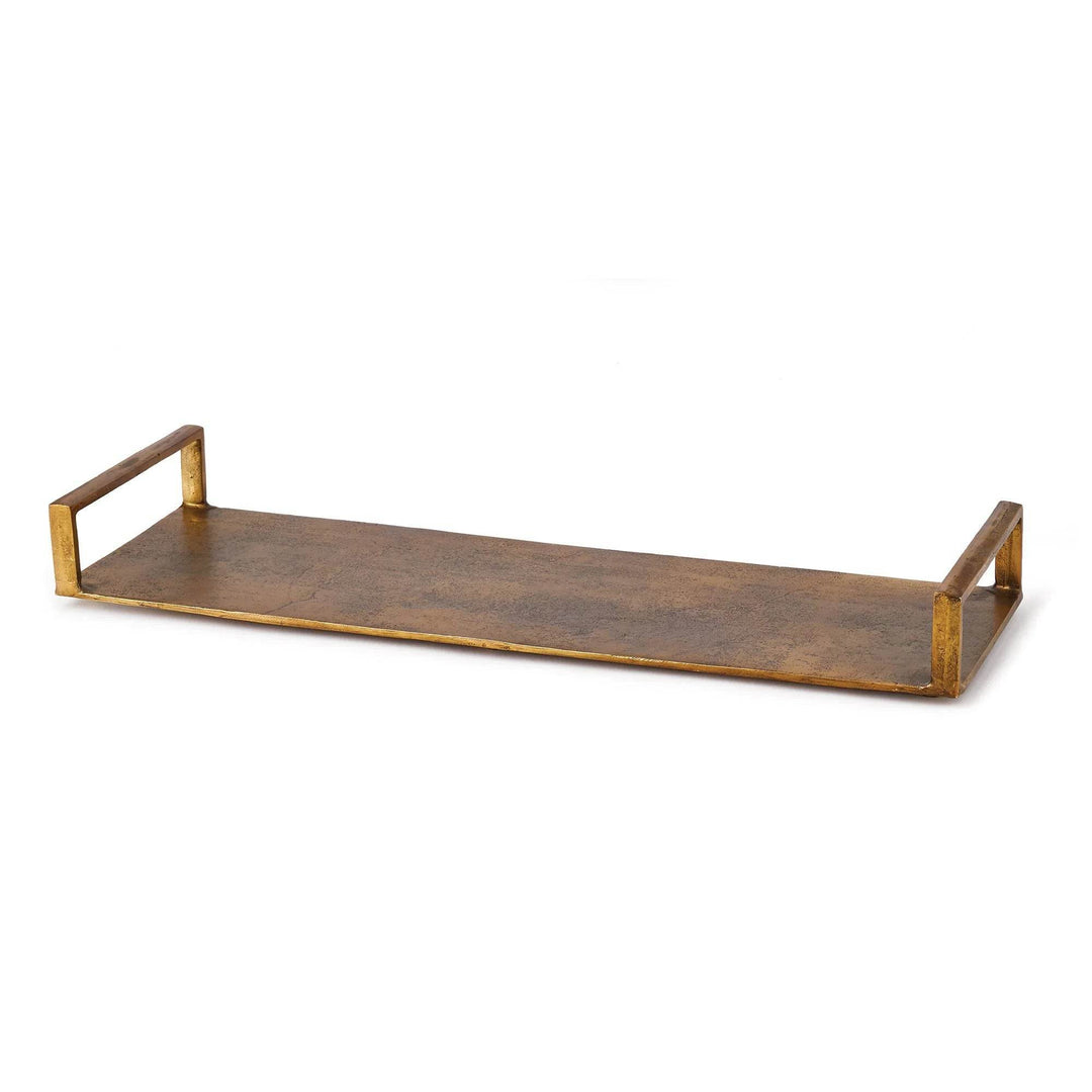 Large rectangular tray in antique brass finish with integrated side handles, shown on white background – Modern Industrial