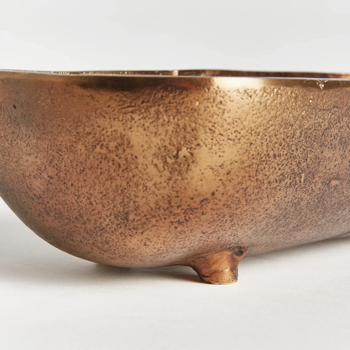 Small antique brass narrow decorative bowl with elongated linear profile and textured finish for shelf or table styling modern organic
