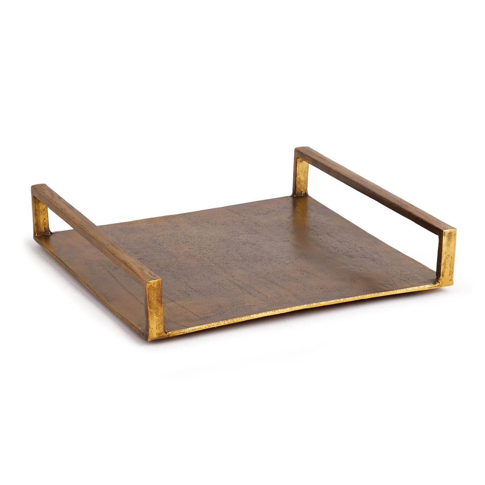 Square antique brass tray in cast aluminum with open side handles, shown on white background – Modern Industrial