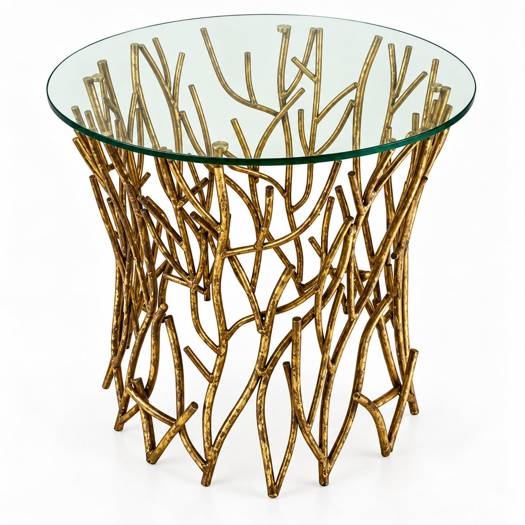 Antique gold round accent table with glass top and sculptural branch metal base