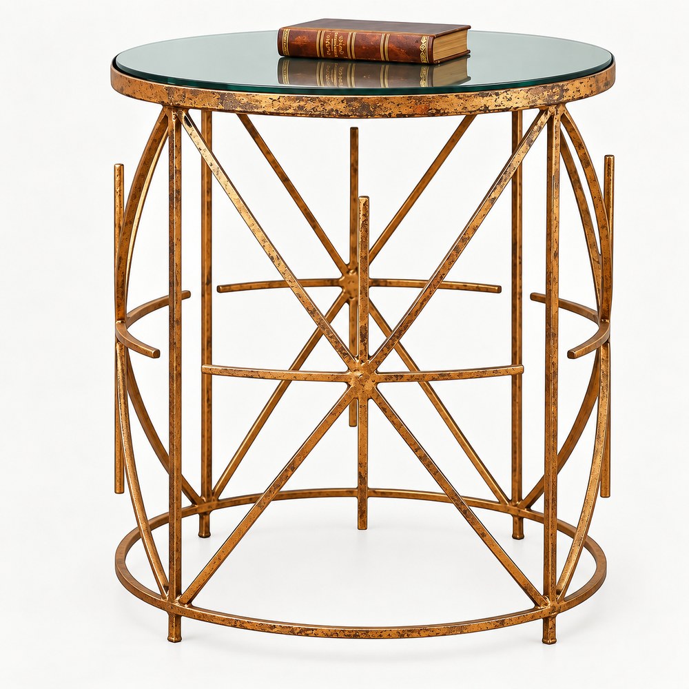 Antique gold round accent table with polished granite top and geometric metal base