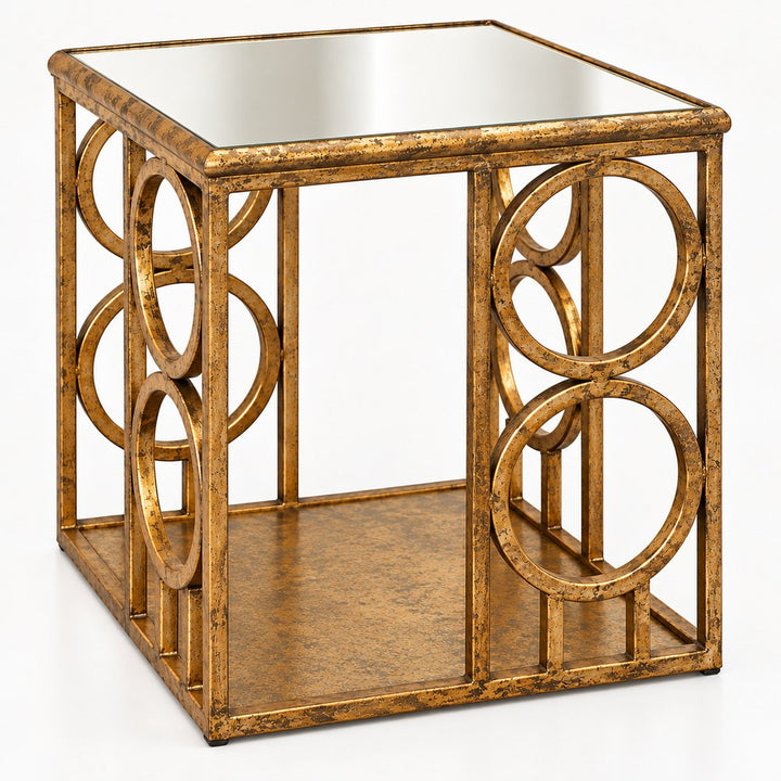 Antique gold square accent table with mirrored top and circular metal frame