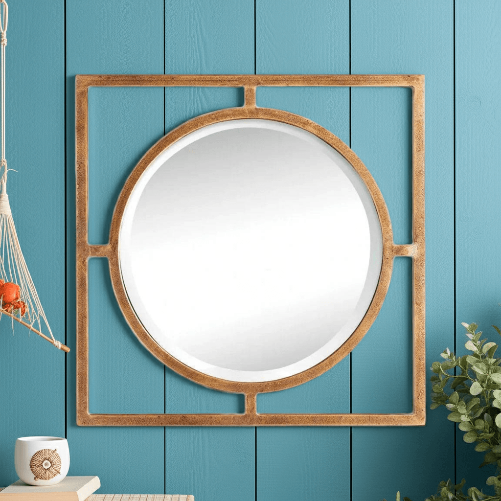Decorative antique gold square wall mirror with round center, 18 inches, displayed on light blue wall as accent piece for living or bedroom – Traditional décor.