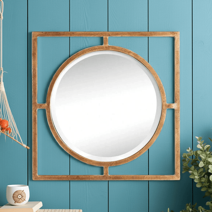 Decorative antique gold square wall mirror with round center, 18 inches, displayed on light blue wall as accent piece for living or bedroom – Traditional décor.