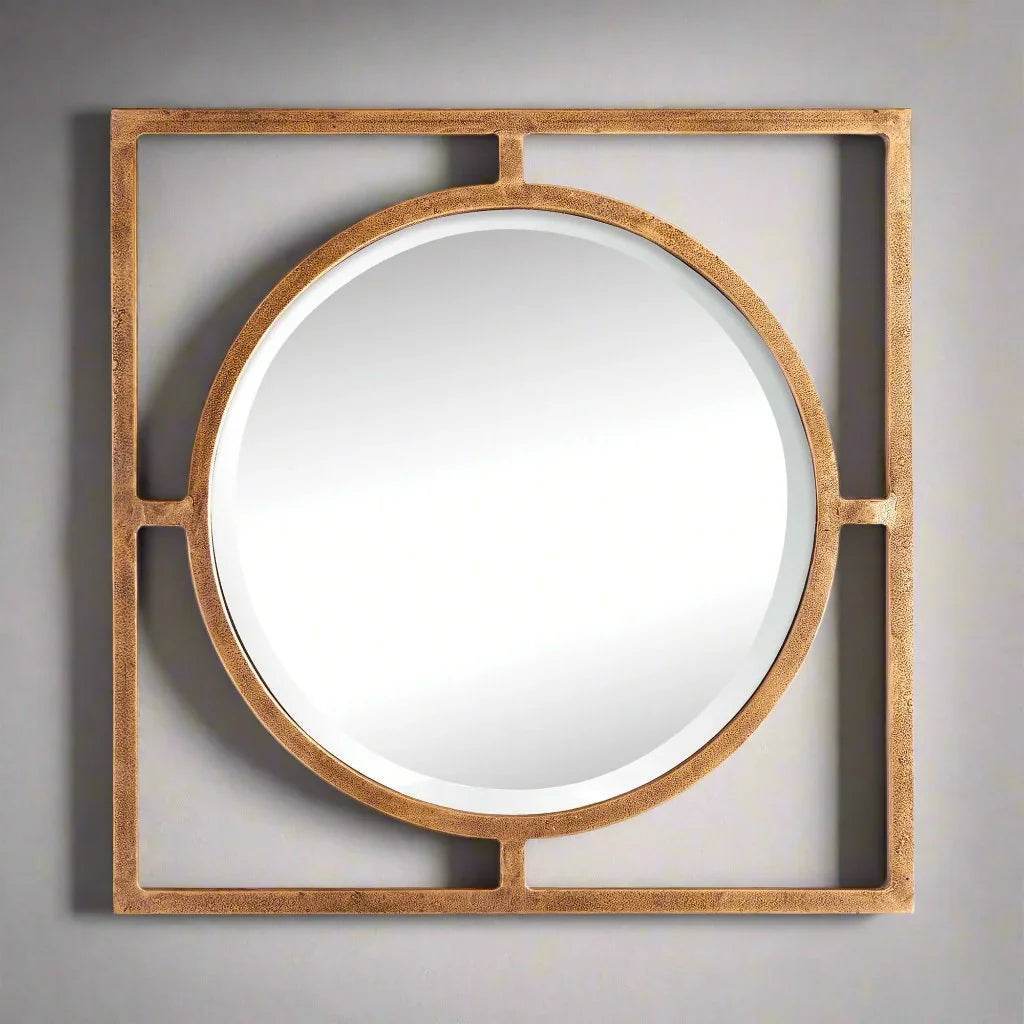 Antique gold square wall mirror with circular center, 18 inch size, shown styled on neutral wall to reflect light and add structure – Traditional décor.