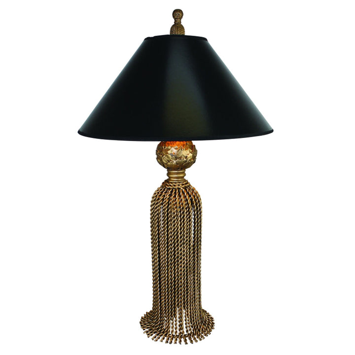 Antique gold twisted iron tassel table lamp with black gold-lined paper shade and decorative resin tassel finial detail.