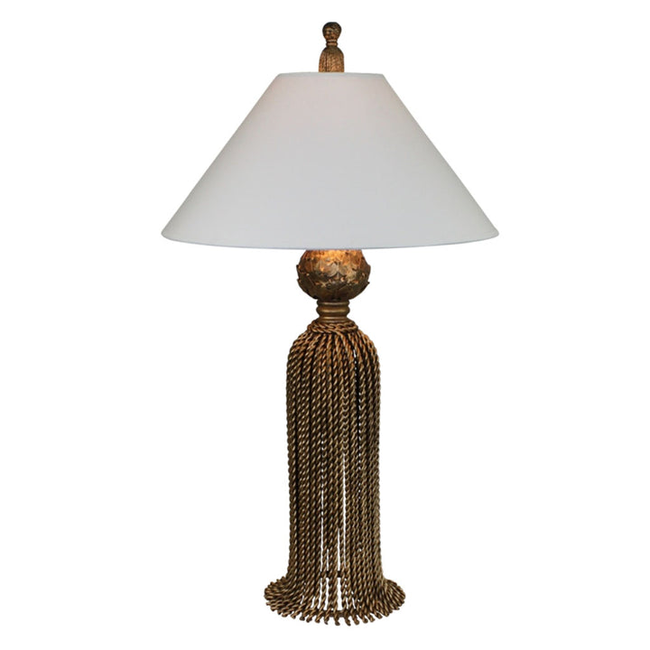 Antique gold twisted iron tassel table lamp with white paper shade and decorative resin tassel finial for tabletop decor.