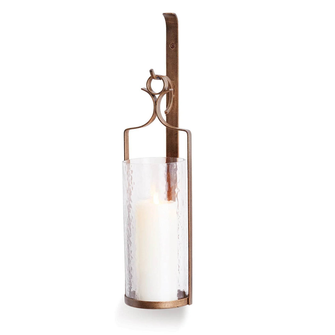 Antique gold wall candle sconce with hammered glass cylinder, 20.75 inches tall, front view showing LED pillar candle inside – Modern Farmhouse décor.