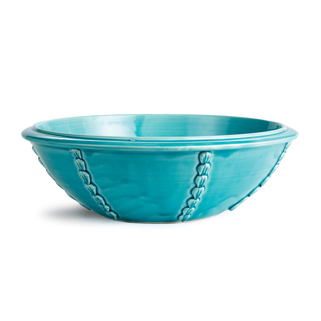 Aqua ceramic bowl with hand-applied shell details, handmade in Italy, 15 inches wide – Coastal Mediterranean

