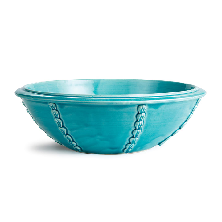 Aqua ceramic bowl with hand-applied shell details, handmade in Italy, 15 inches wide – Coastal Mediterranean

